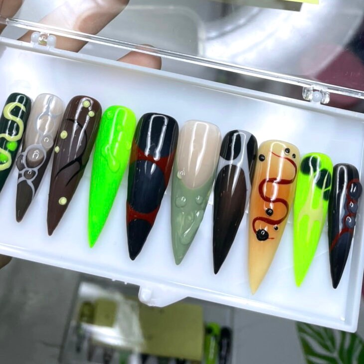 Gothic Abstract Swirl Press On Nails in Black, Lime Green, Brown, and Neutral Tones