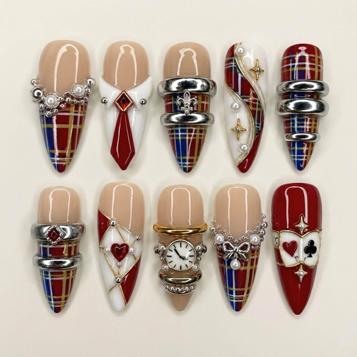 Gothic Academy Plaid Press On Nails with Chrome Bands, Clock and Playing Card Details