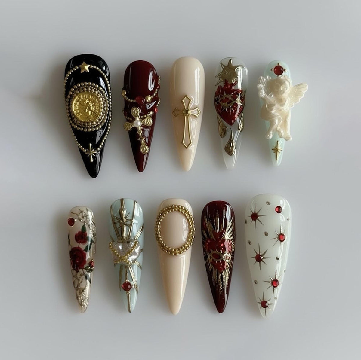 Gothic Angel Press On Nails with Gold Crosses, Red Roses, Pearls and Baroque Details