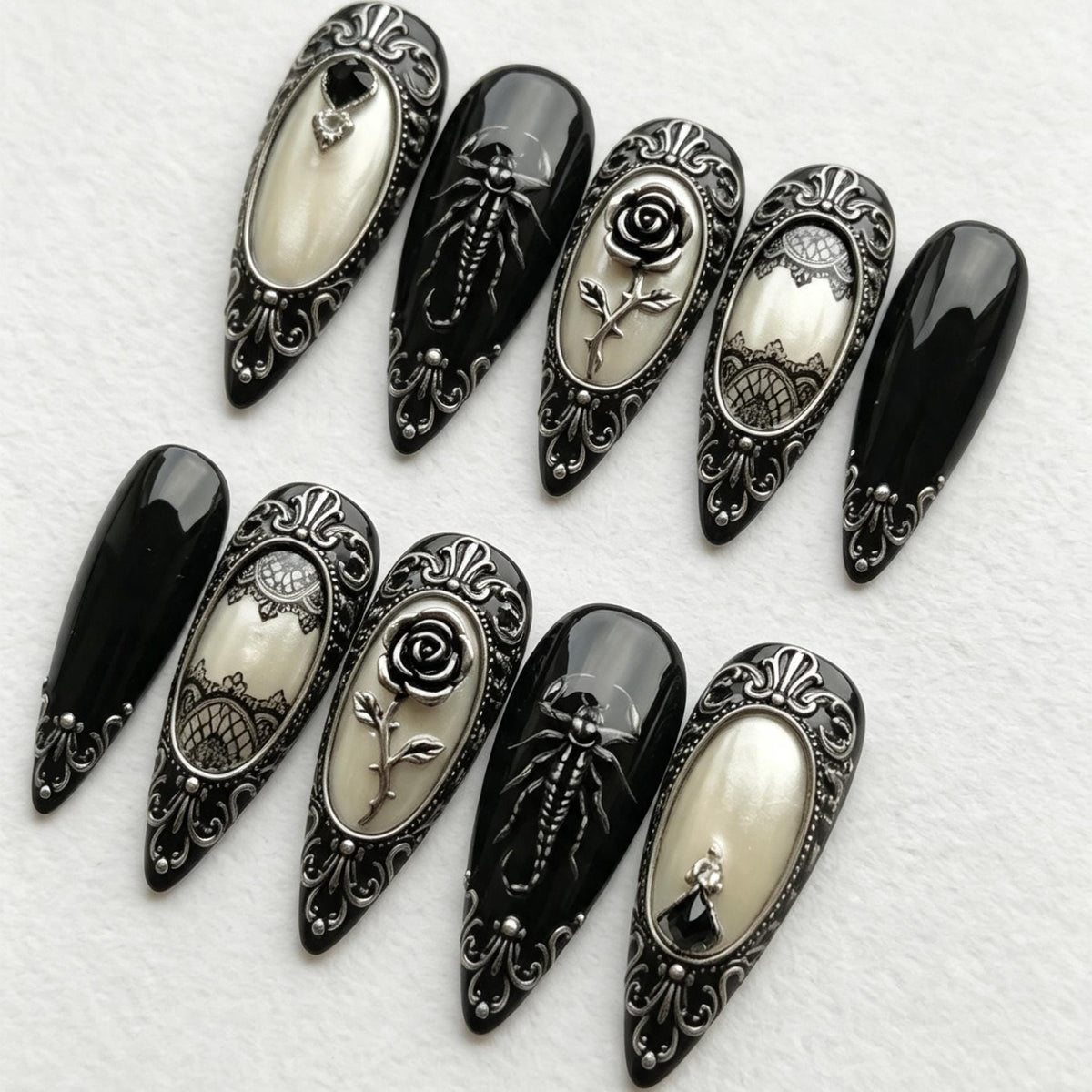 Gothic Baroque Black and Ivory Nails with Silver Roses, Scorpions, and Lace Details