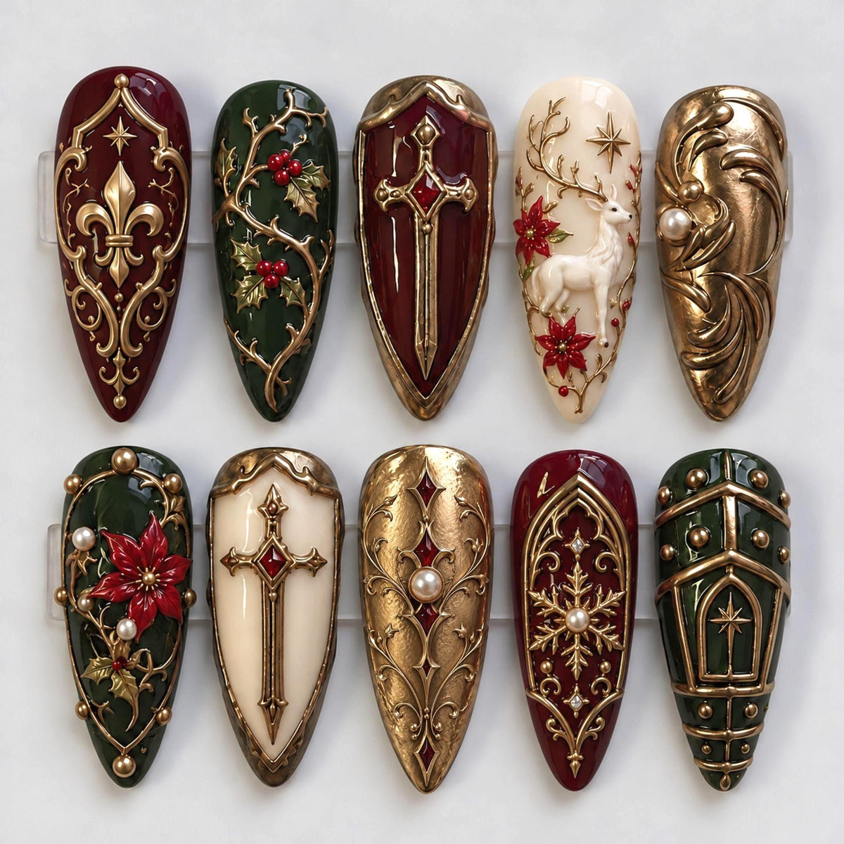 Gothic Baroque Christmas Nails With Gold Scrollwork, Deer and Red Florals