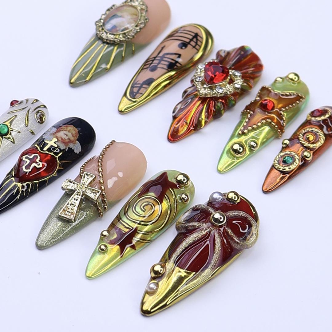 Gothic Baroque Press On Nails with Red Stones, Gold Trim, Crosses and Music Notes