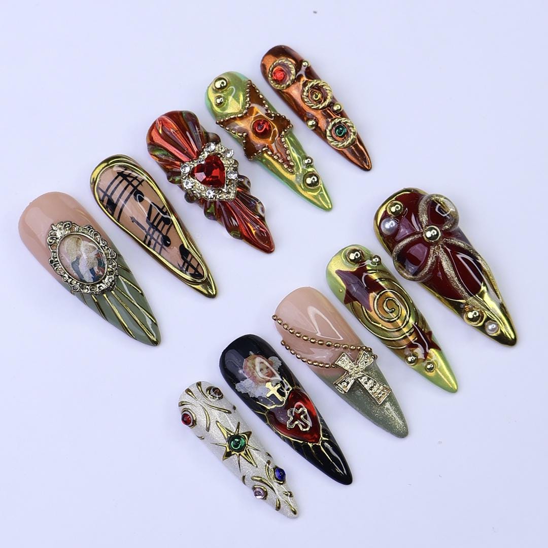 Gothic Baroque Press On Nails with Red Stones, Gold Trim, Crosses and Music Notes