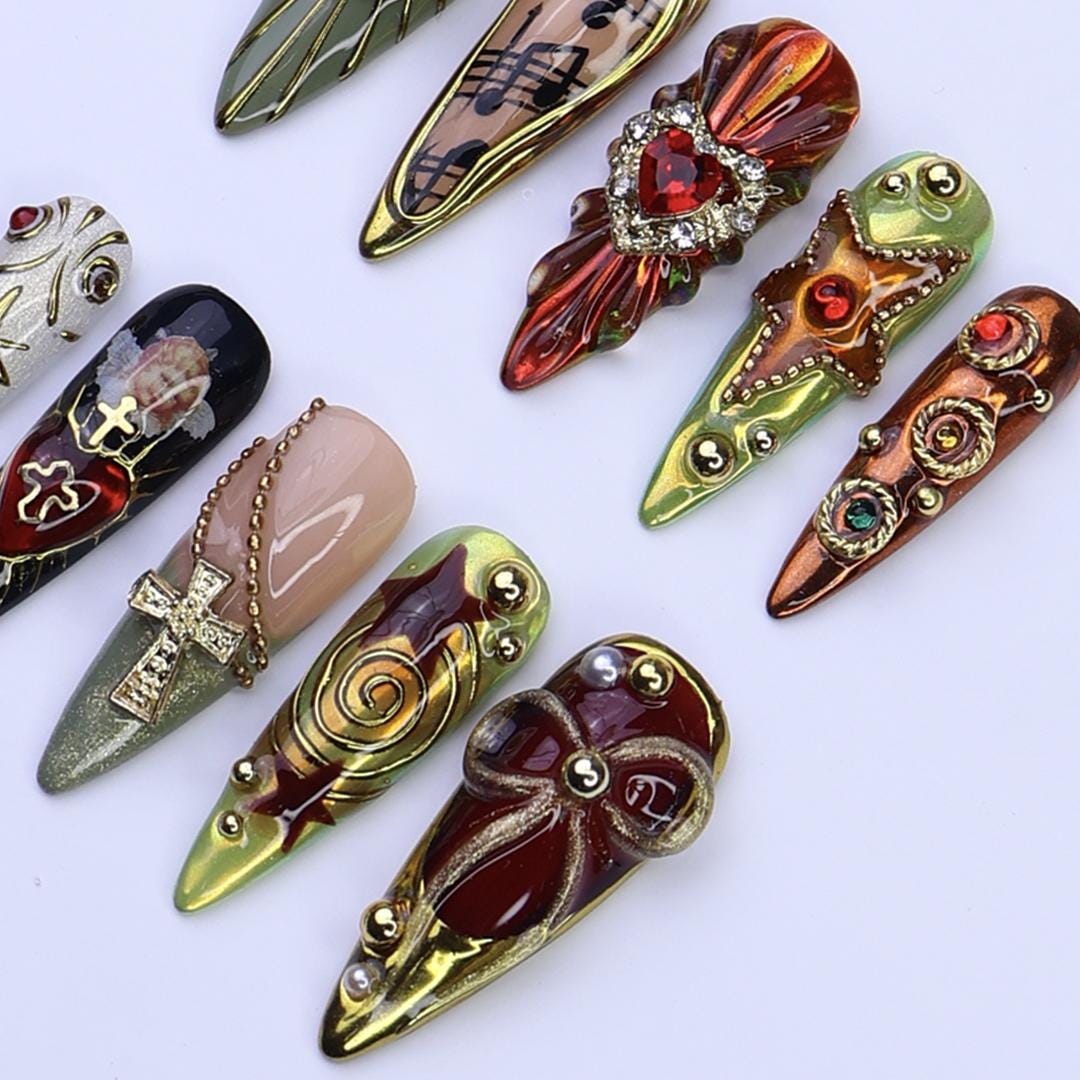 Gothic Baroque Press On Nails with Red Stones, Gold Trim, Crosses and Music Notes