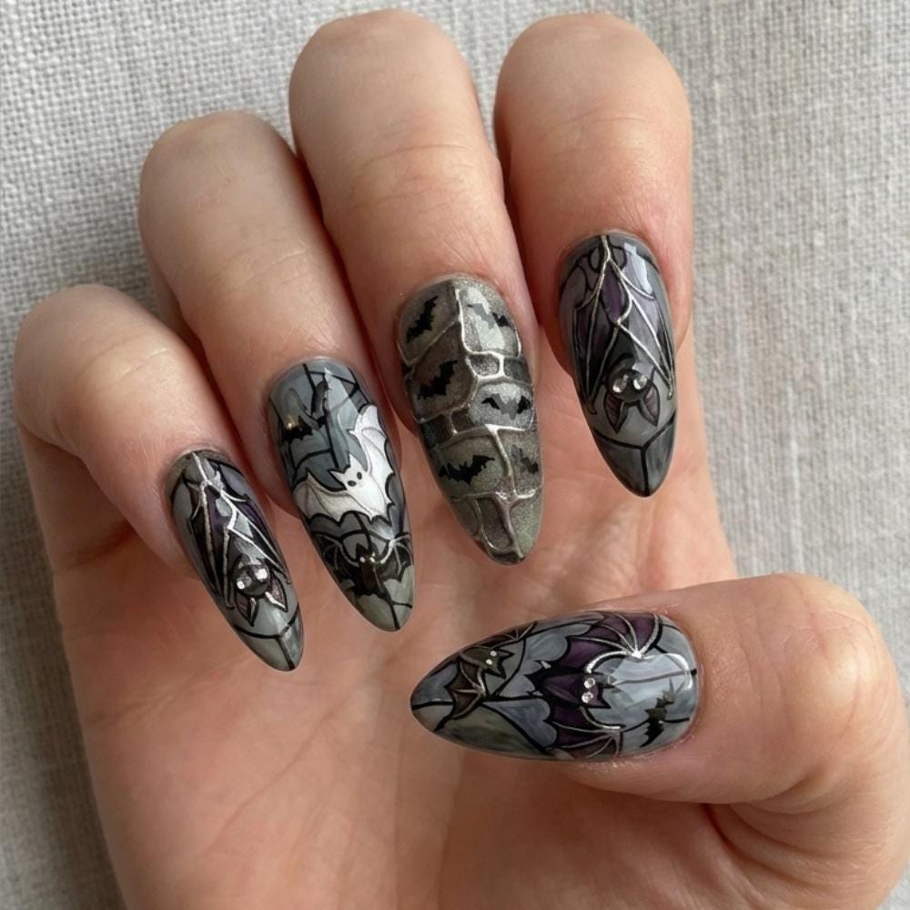 Gothic Bat Stained Glass Halloween Press On Nails in Gray and Purple