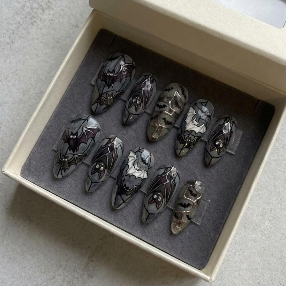 Gothic Bat Stained Glass Halloween Press On Nails in Gray and Purple