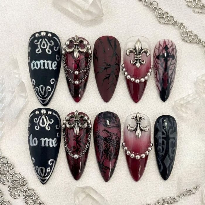 Gothic Black and Burgundy Press On Nails with Silver Fleur-de-Lis, Chains and Lettering