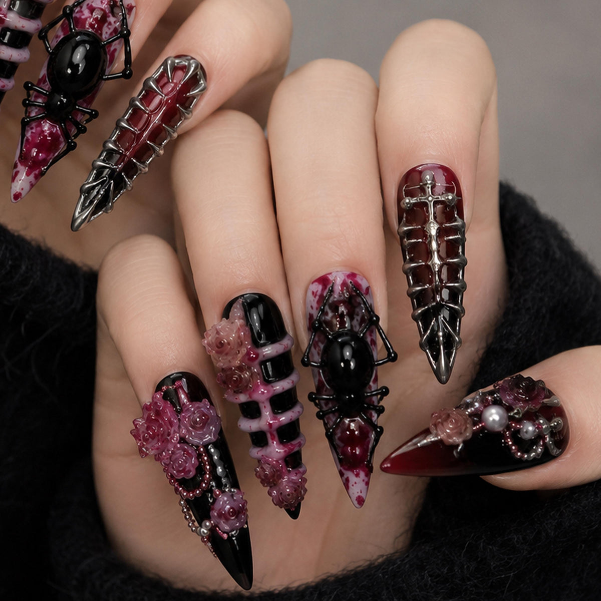 Gothic Black and Burgundy Spider Nails with 3D Roses and Silver Chains