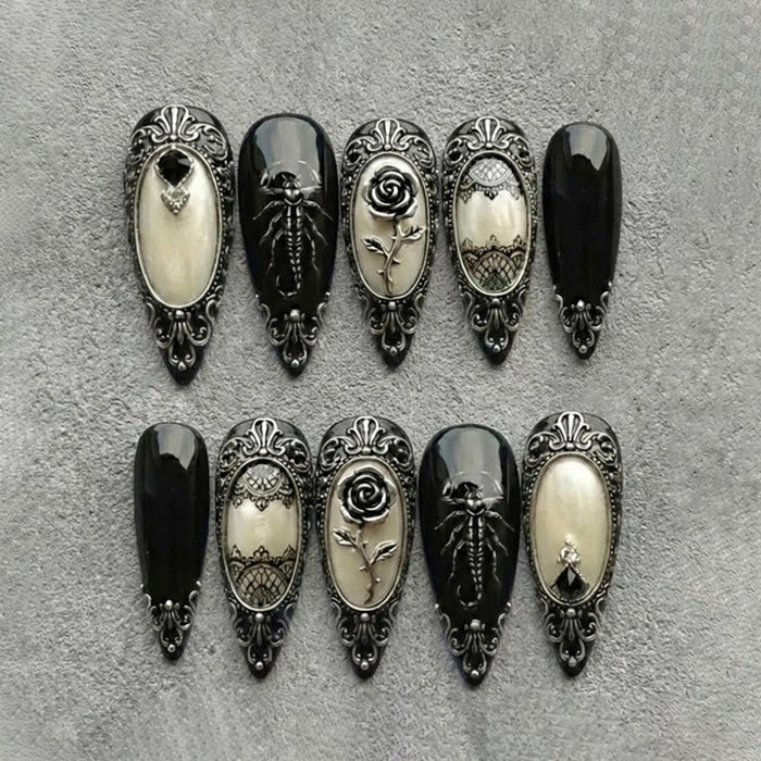 Gothic Black and Ivory Press On Nails with 3D Roses, Insects, and Ornate Silver Frames