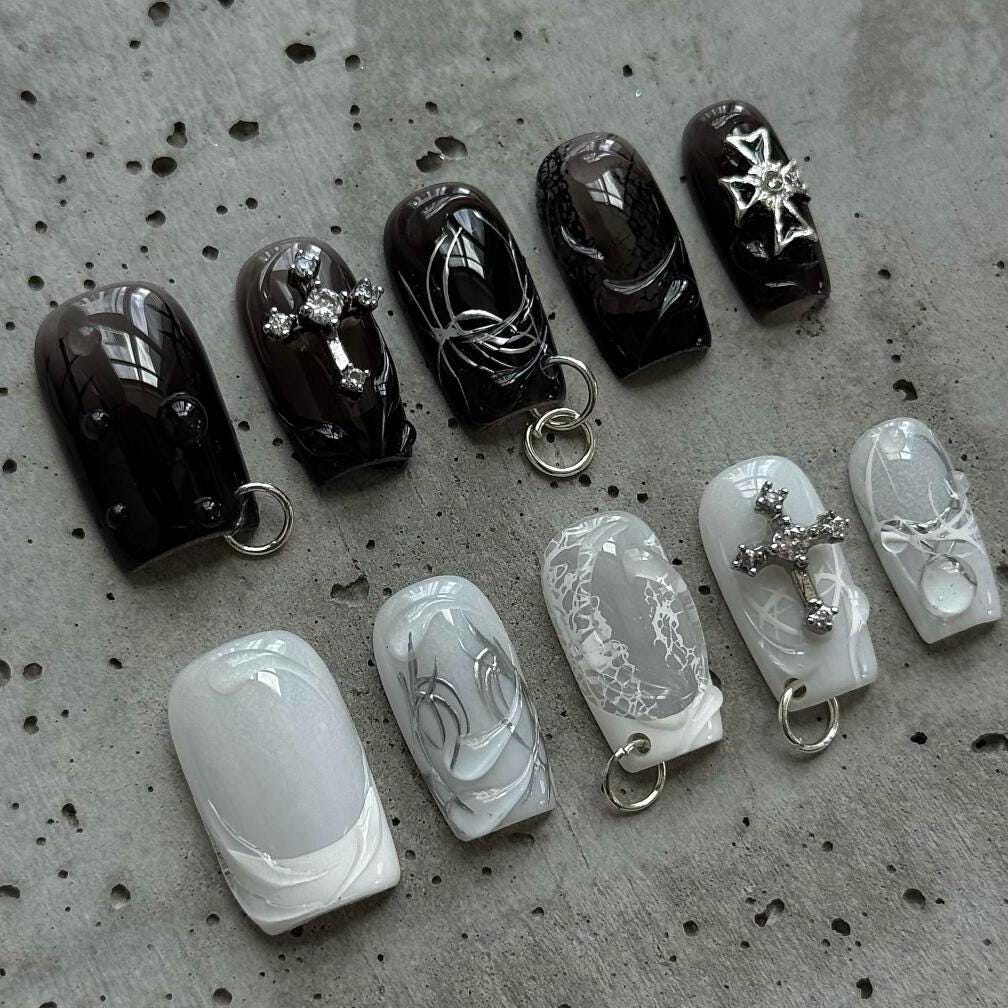 Gothic Black and Milky White Press-On Nails with Silver Crosses and Lace
