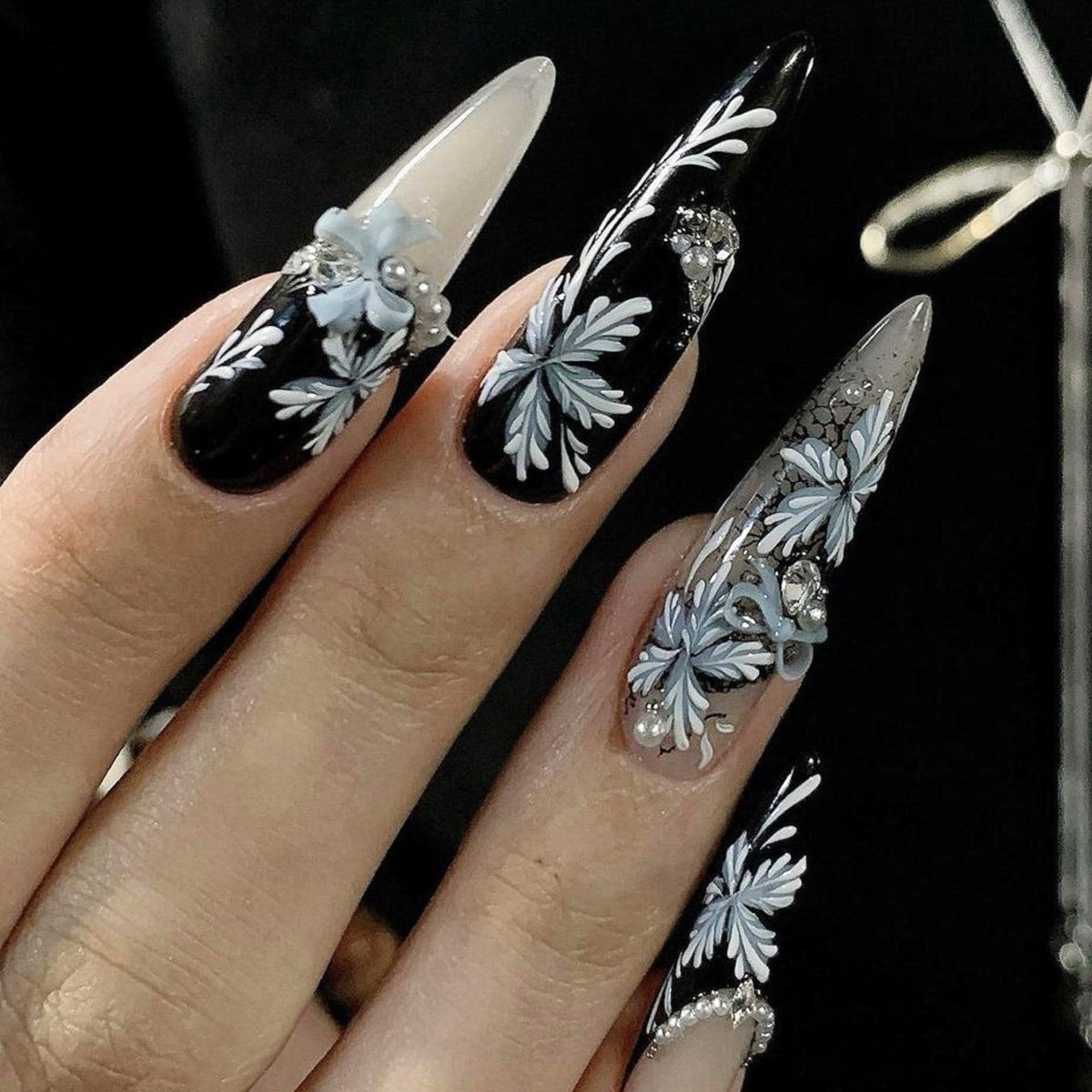 Gothic Black and Nude Floral Press On Nails with 3D Blue Flowers and Rhinestones