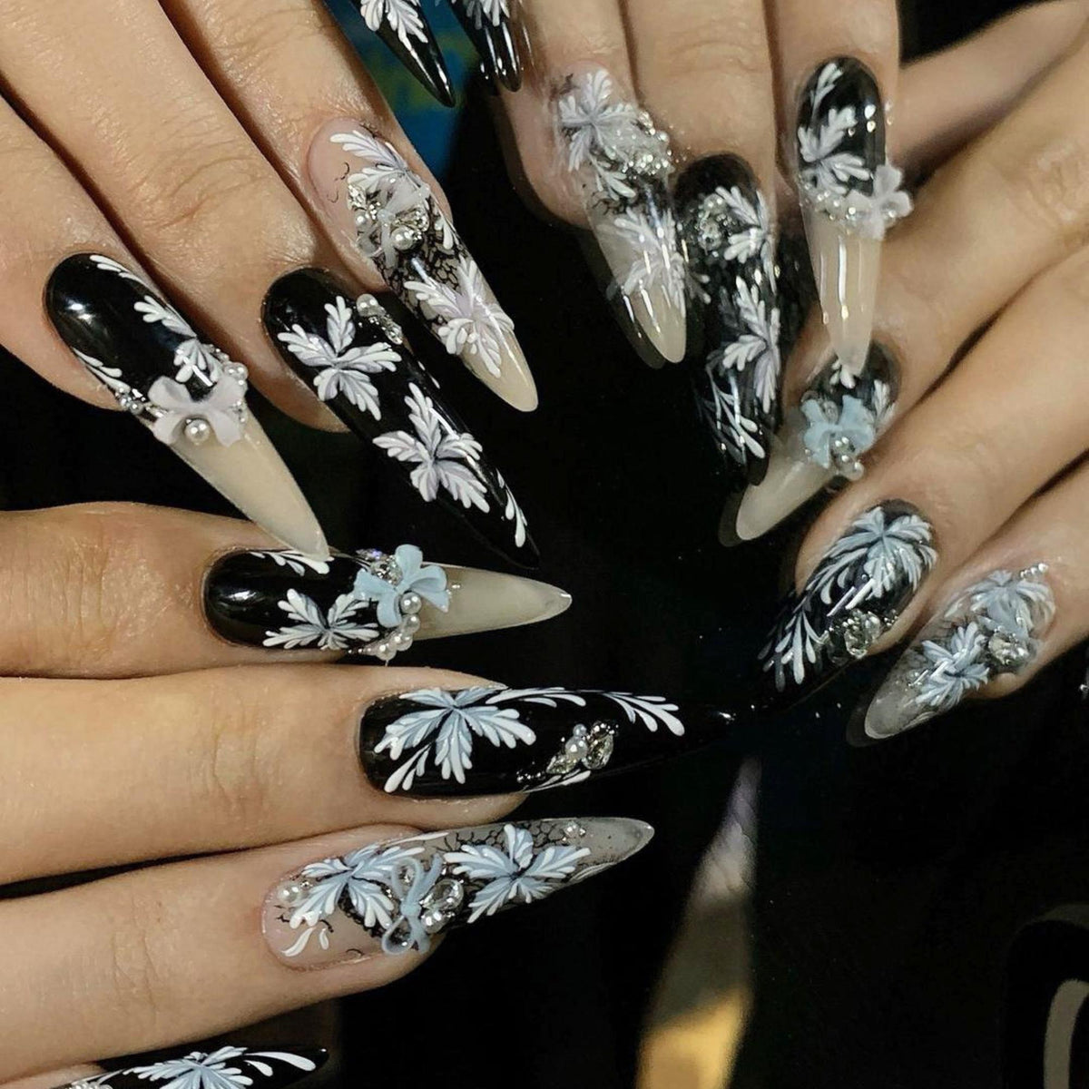 Gothic Black and Nude Floral Press On Nails with 3D Blue Flowers and Rhinestones