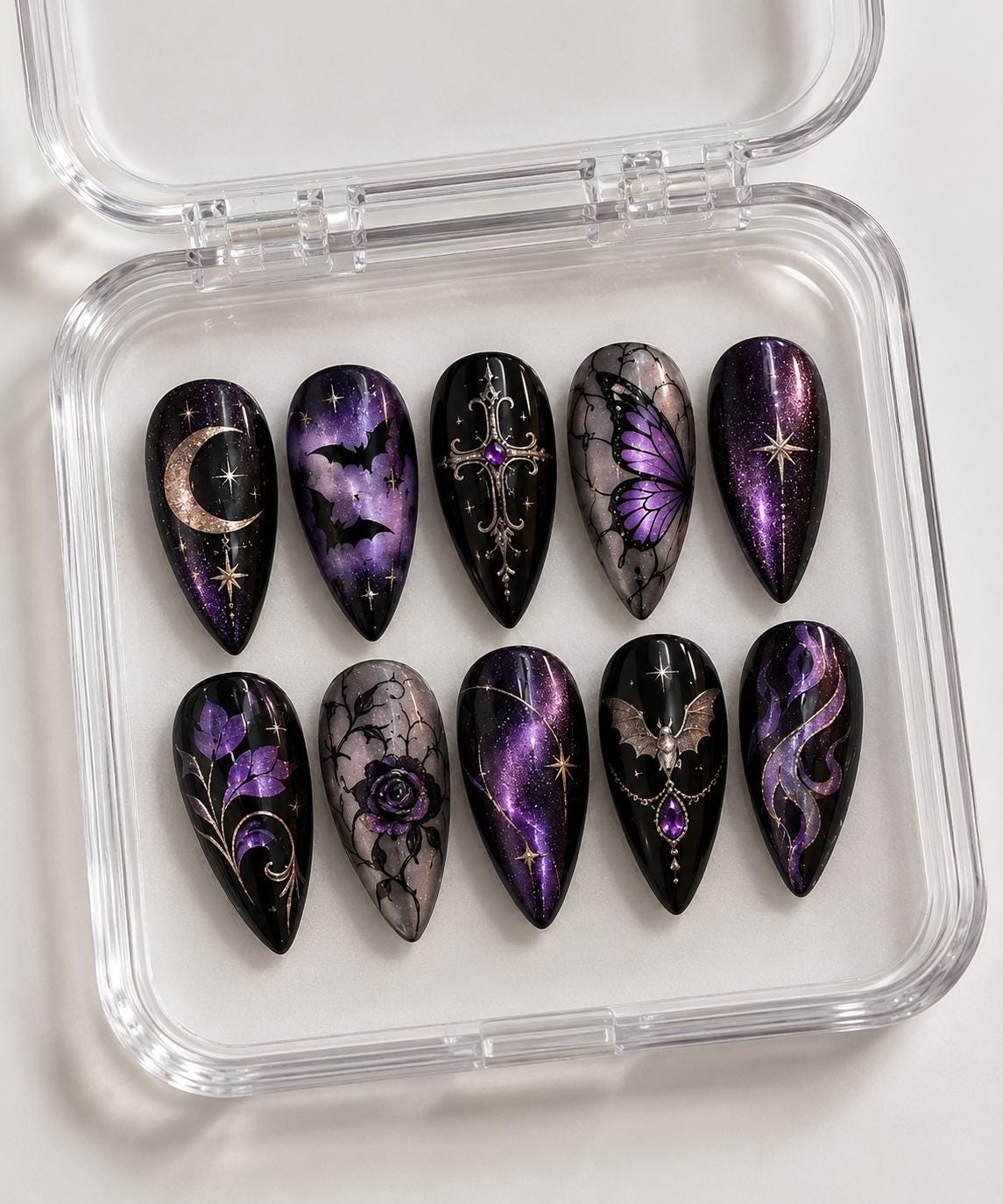 Gothic Black and Purple Celestial Press On Nails with Bats, Butterfly and Cross