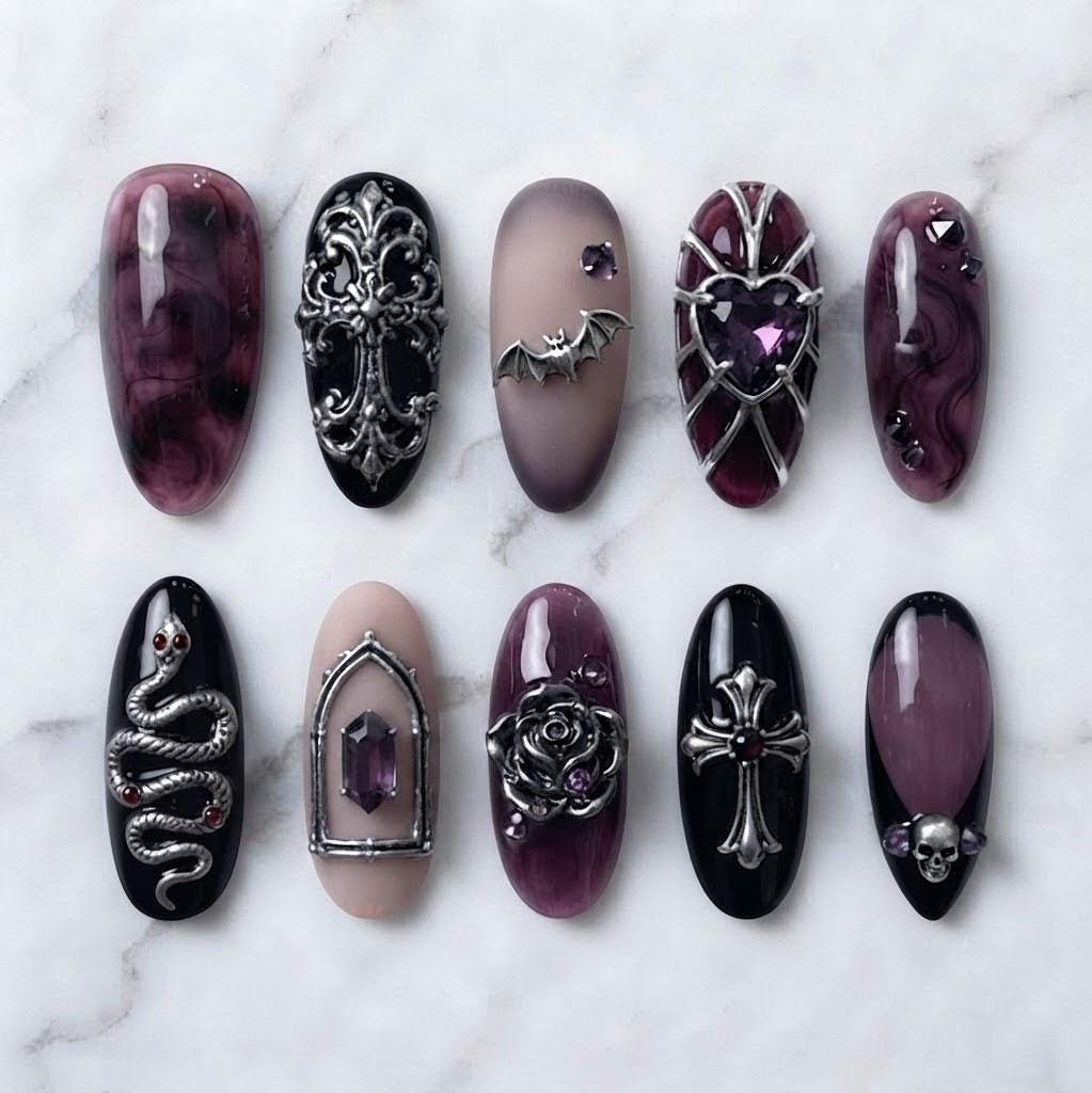 Gothic Black and Purple Marble Nails With Silver Motifs and Heart Gem