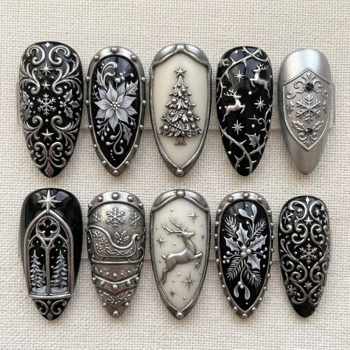 Gothic Black and Silver Christmas Press On Nails with 3D Snowflakes and Reindeer