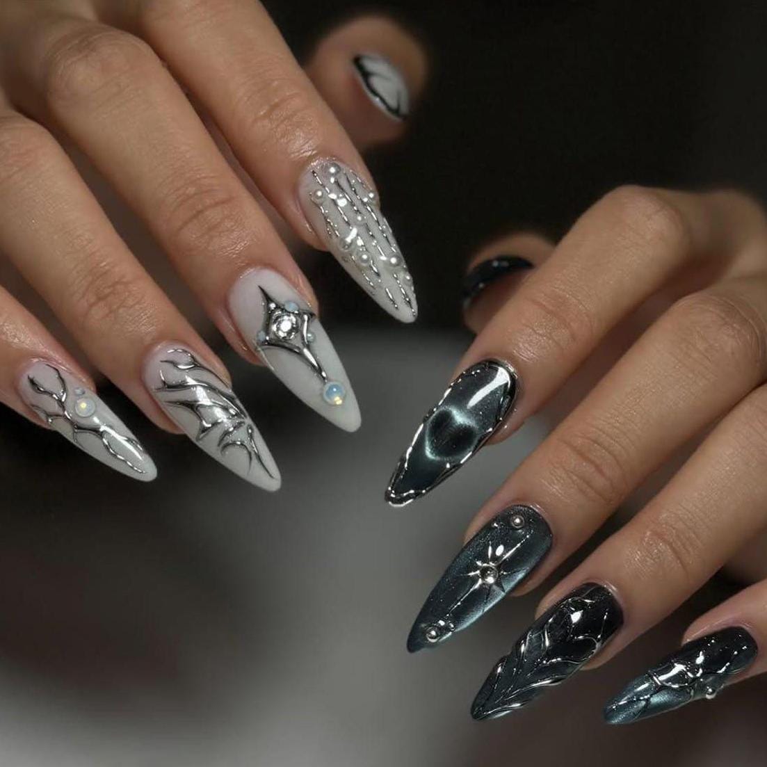 Gothic Black and Silver Chrome Nail Set With Raised Details