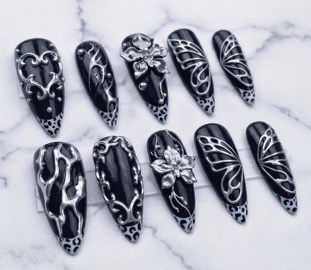 Gothic Black and Silver Chrome Press-On Nails With Sculpted Flowers and Butterfly-Wing Designs