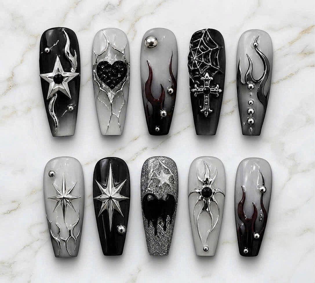 Gothic Black and Silver Flame, Spiderweb, and Starburst Nail Set