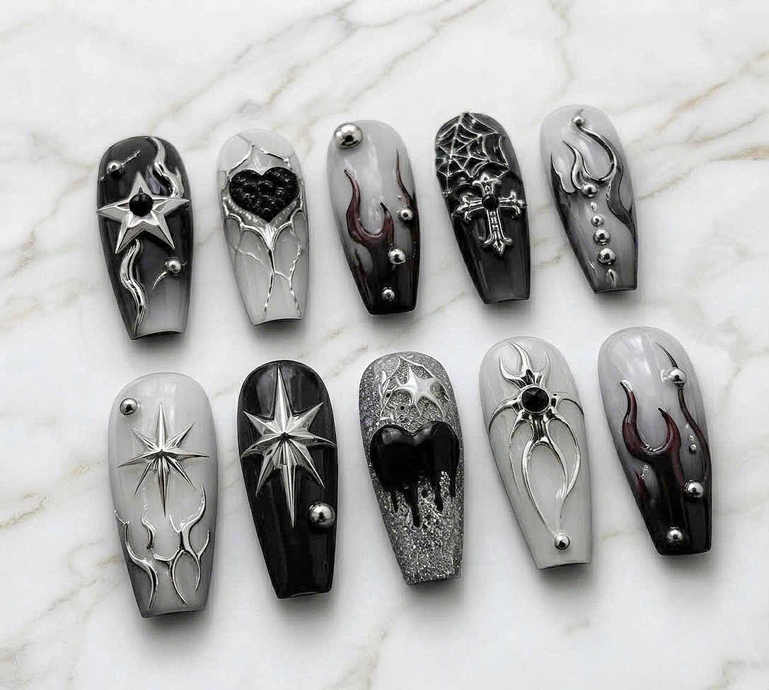 Gothic Black and Silver Flame, Spiderweb, and Starburst Nail Set