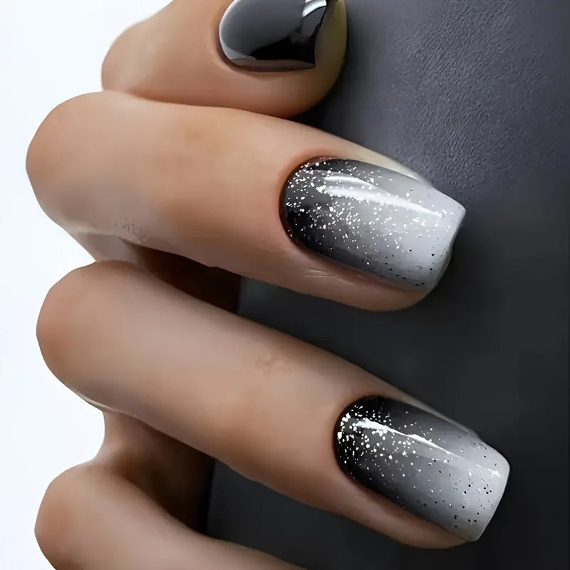 Gothic Black and Silver Glitter Ombre Press-On Nails