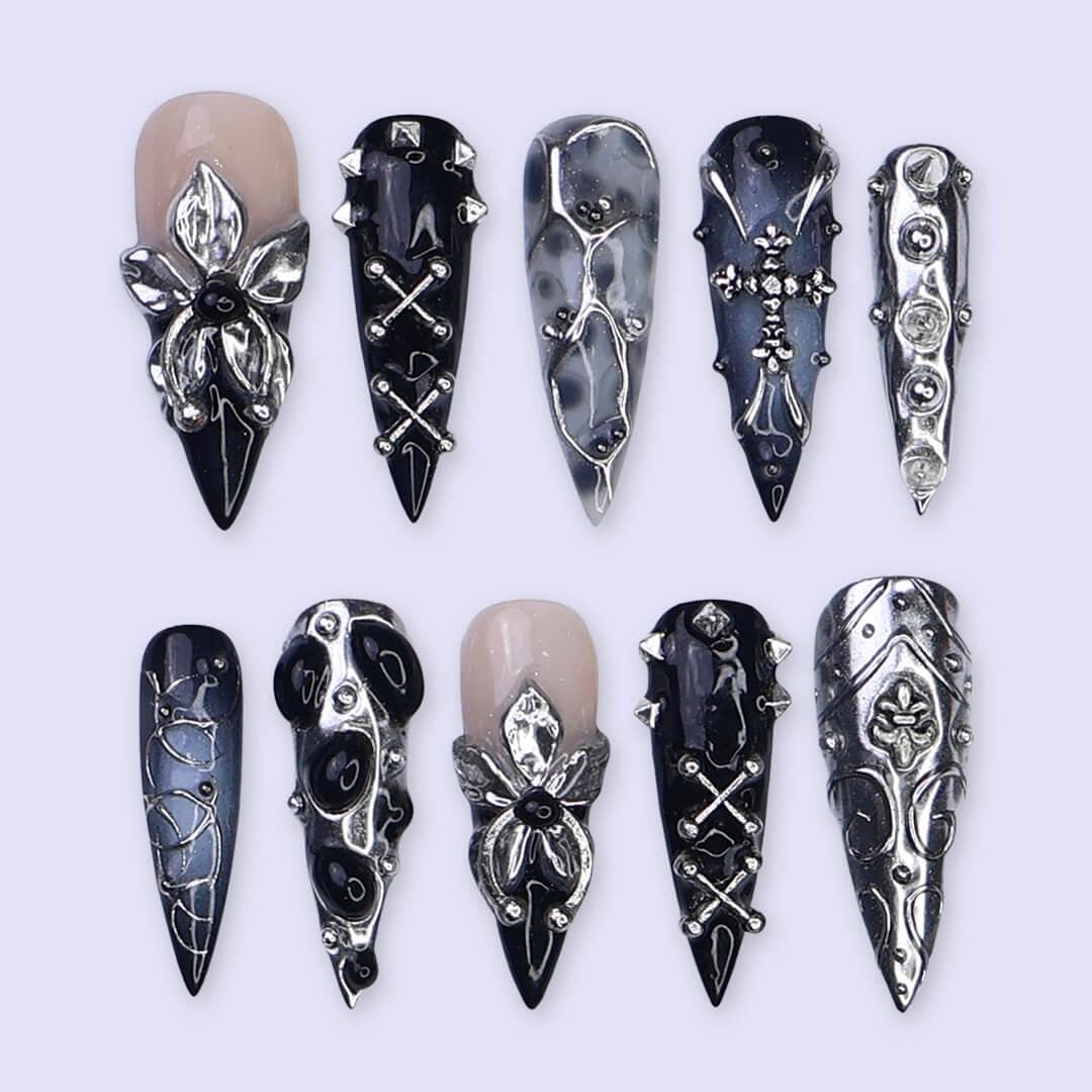 Gothic Black and Silver Halloween Nails With Metal Flowers and Studs