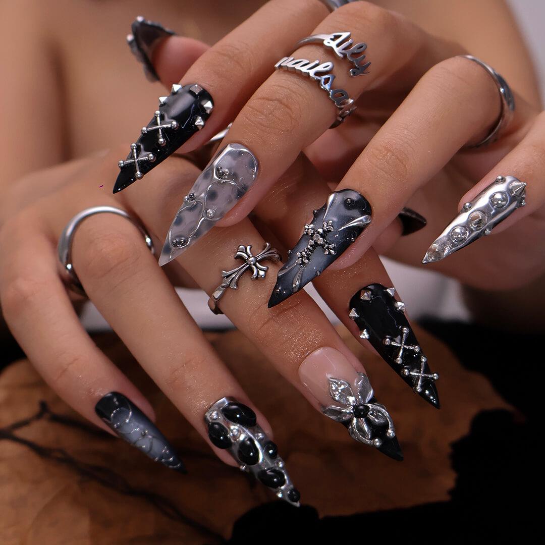 Gothic Black and Silver Halloween Nails With Metal Flowers and Studs