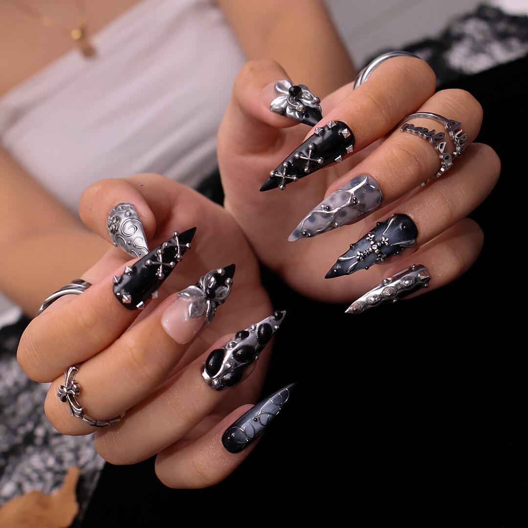 Gothic Black and Silver Halloween Nails With Metal Flowers and Studs
