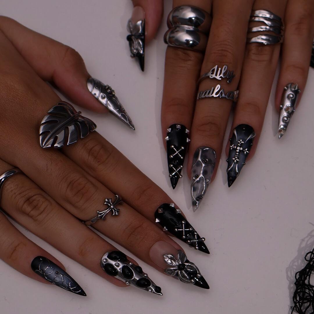 Gothic Black and Silver Halloween Nails With Metal Flowers and Studs
