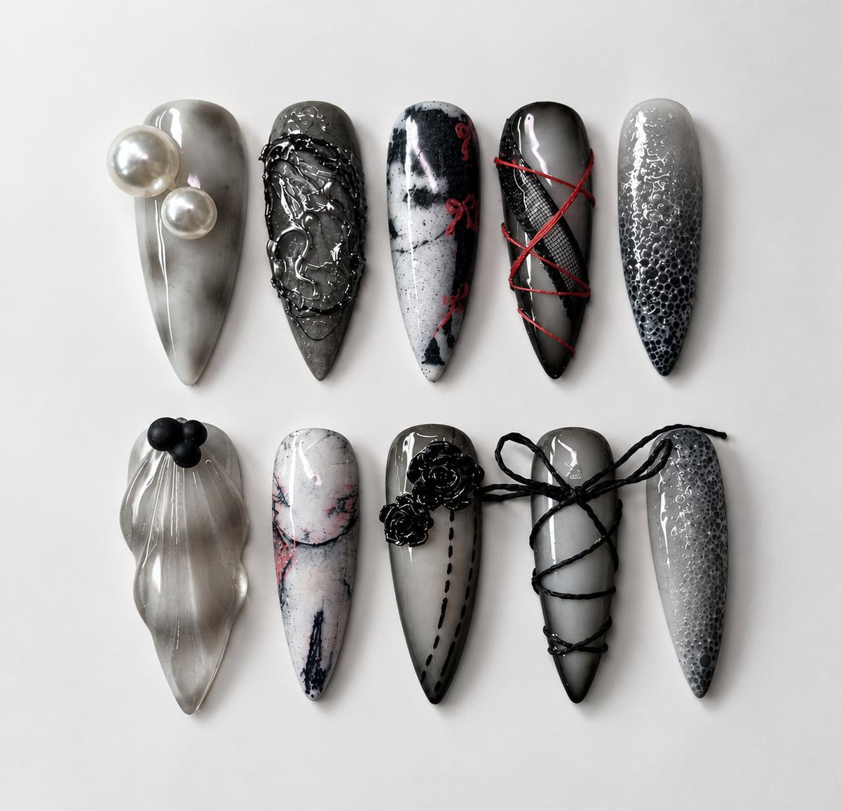 Gothic Black and Silver Marble Nails with 3D Roses and Lace Details