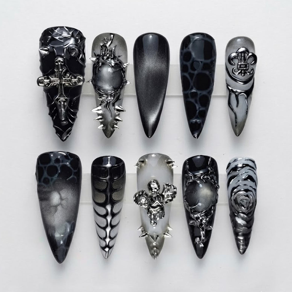 Gothic Black and Silver Nail Set With 3D Crosses, Fleur-de-Lis and Spiked Hardware