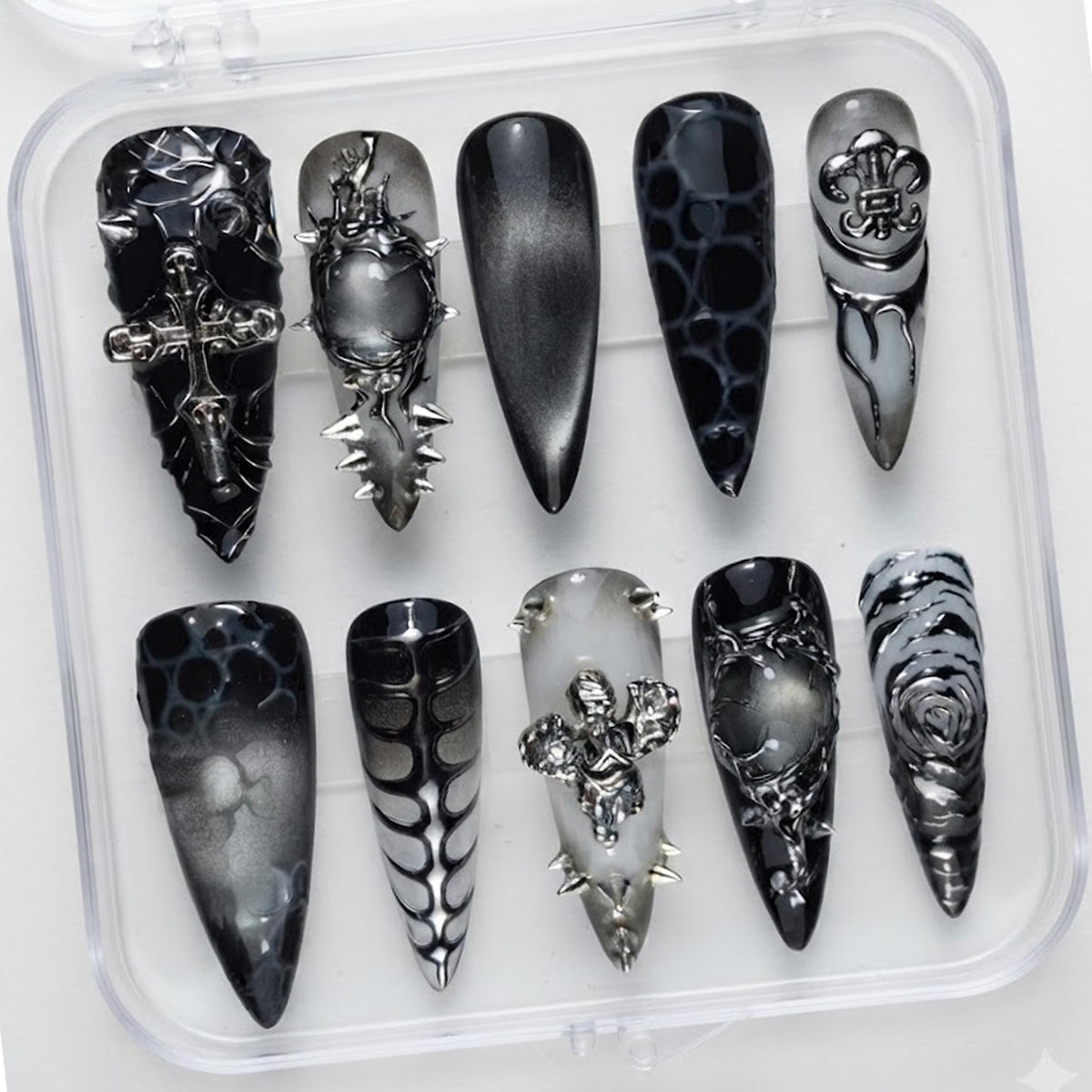 Gothic Black and Silver Nail Set With 3D Crosses, Fleur-de-Lis and Spiked Hardware