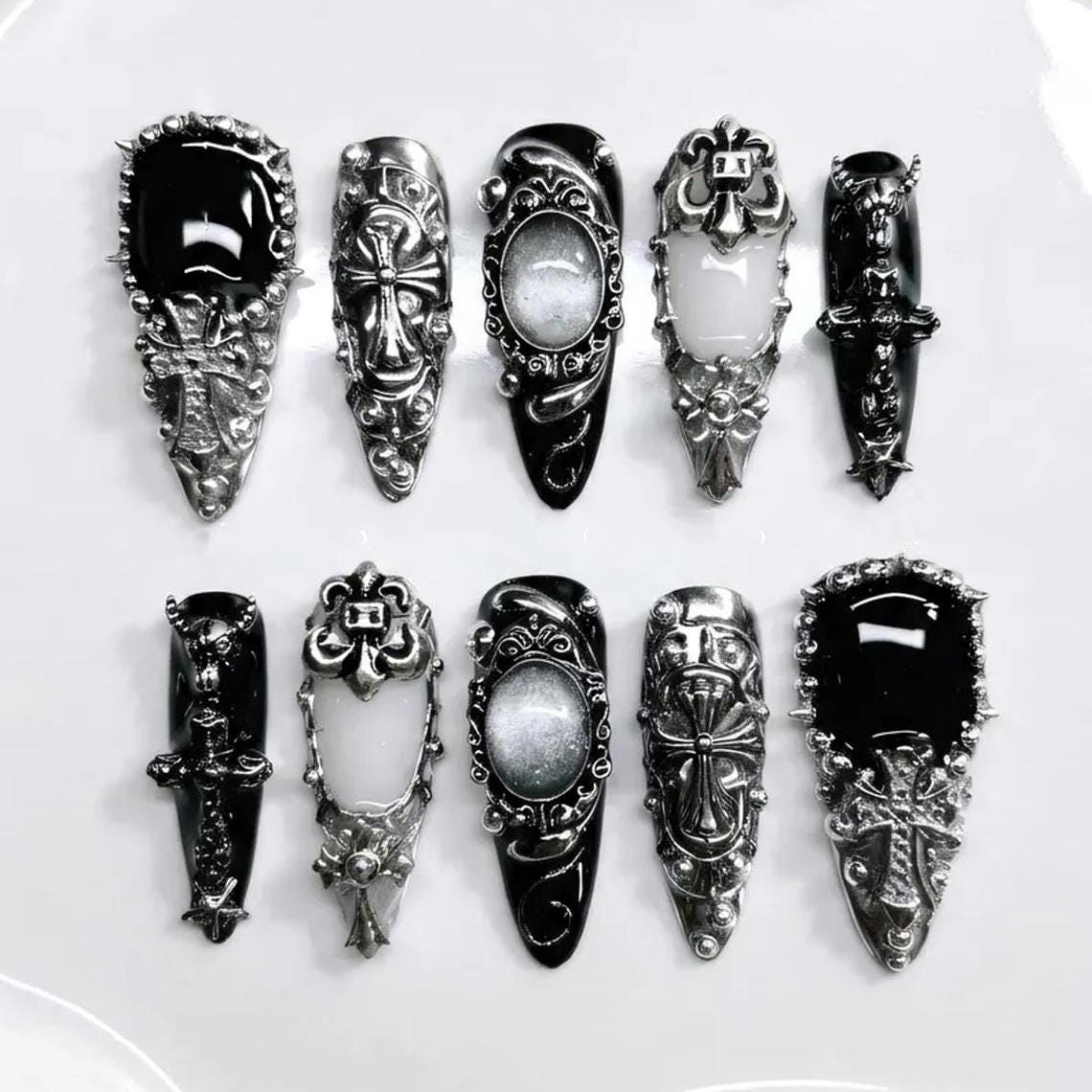 Gothic Black and Silver Press-On Nails with Baroque Scrollwork and Cross Motifs