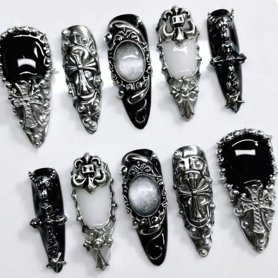 Gothic Black and Silver Press-On Nails with Baroque Scrollwork and Cross Motifs