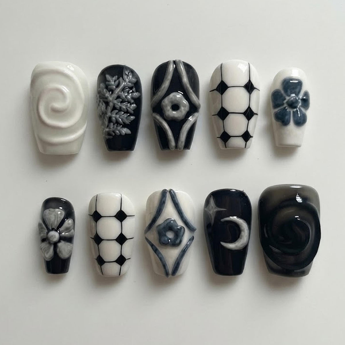 Gothic Black and White 3D Floral Celestial Nail Set