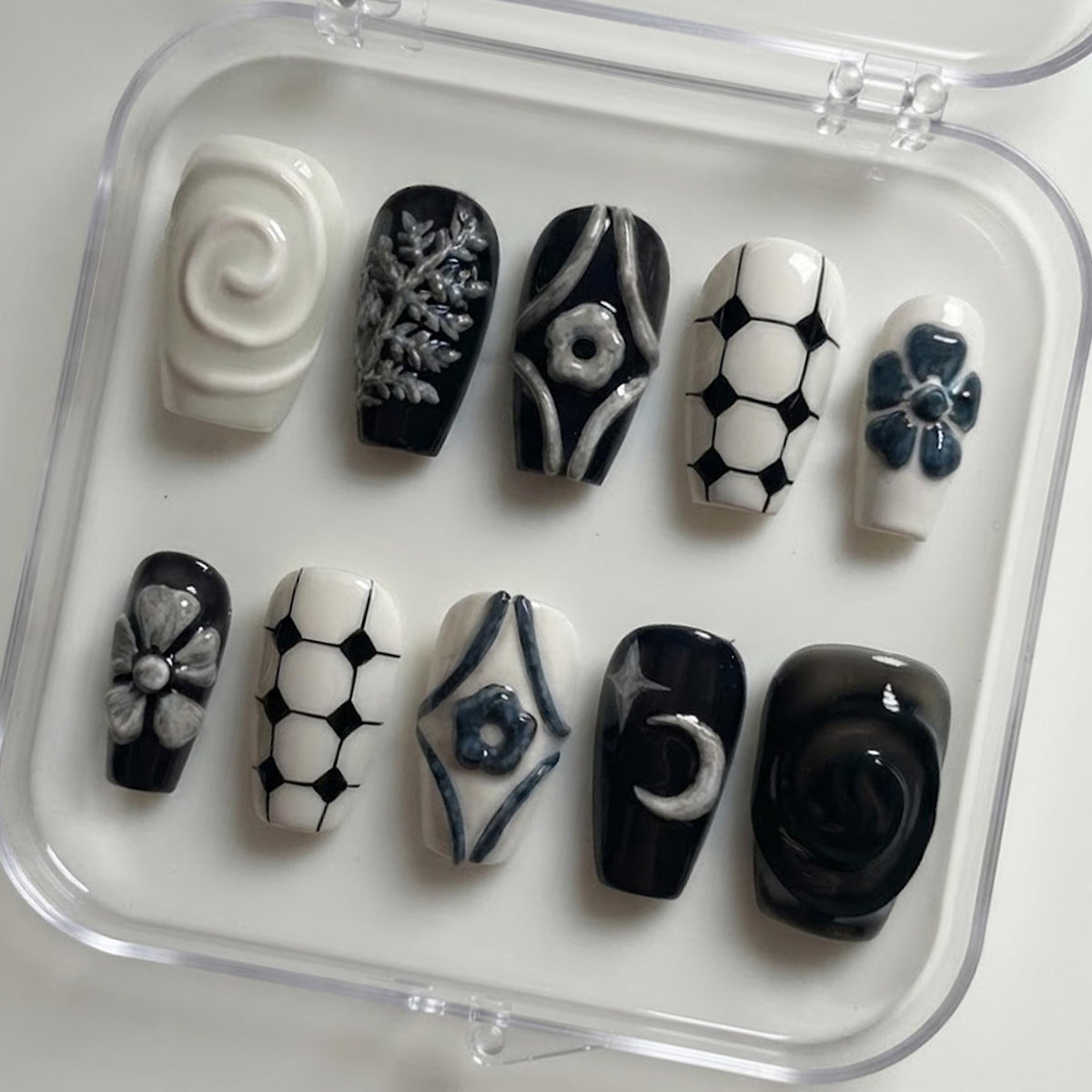 Gothic Black and White 3D Floral Celestial Nail Set