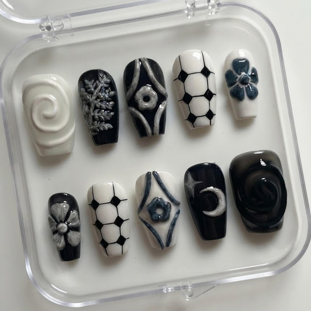 Gothic Black and White 3D Floral Celestial Nail Set