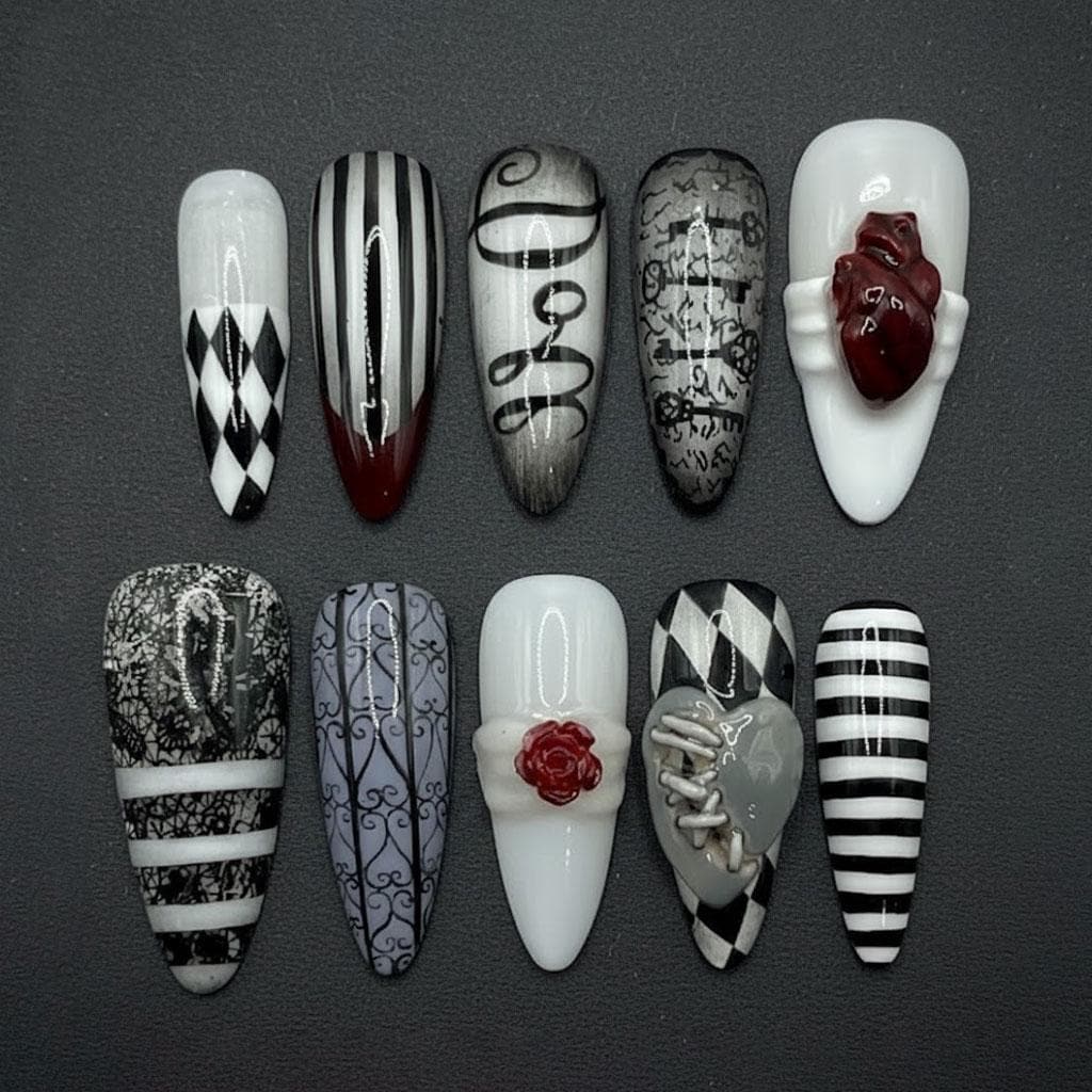 Gothic Black and White Harlequin Nails with Raised Red Roses and Ornate Details