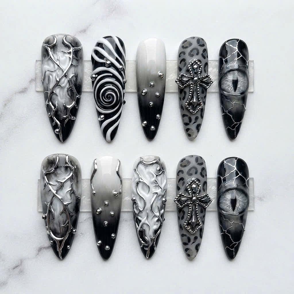 Gothic Black and White Nail Set with Silver Cross Charms, Leopard Print and Marble Details
