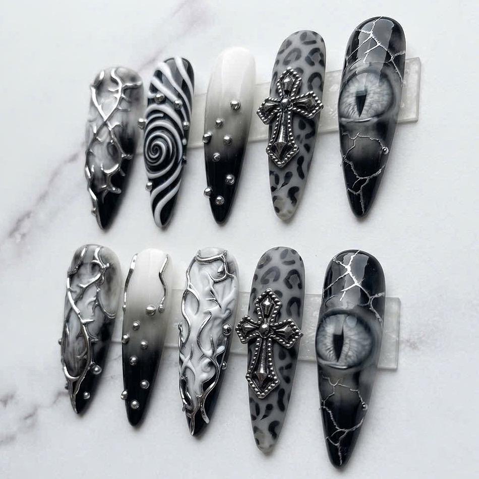 Gothic Black and White Nail Set with Silver Cross Charms, Leopard Print and Marble Details