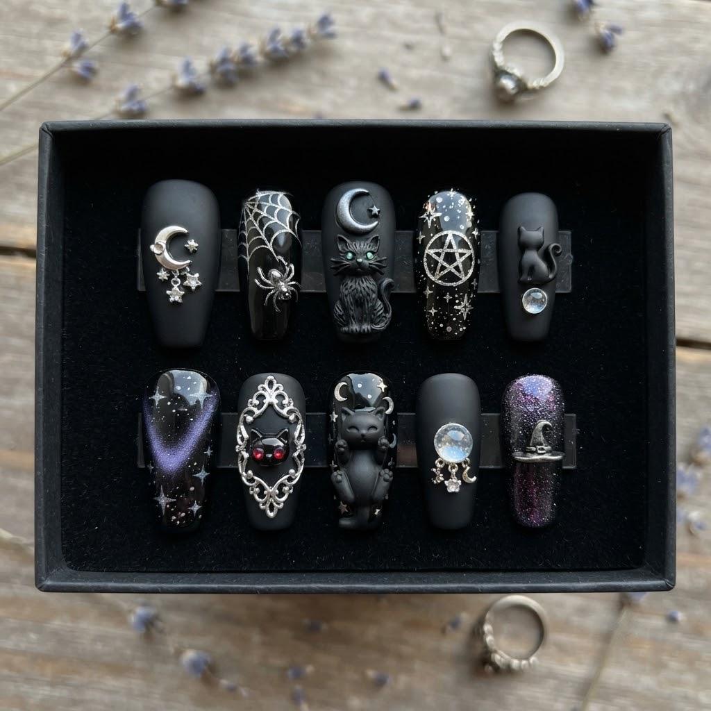 Gothic Black Cat and Celestial Halloween Press On Nails with Silver Charms