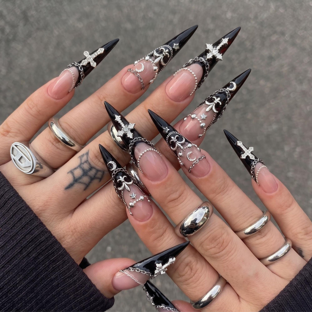 Gothic Black French Tip Press On Nails With Silver Crosses, Chains & Crescent Accents