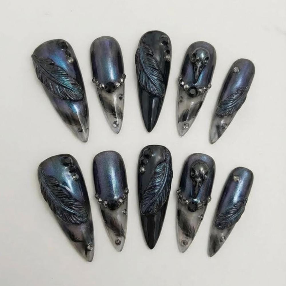 Gothic Black Holographic Feather and Skull 3D Rhinestone Press On Nails