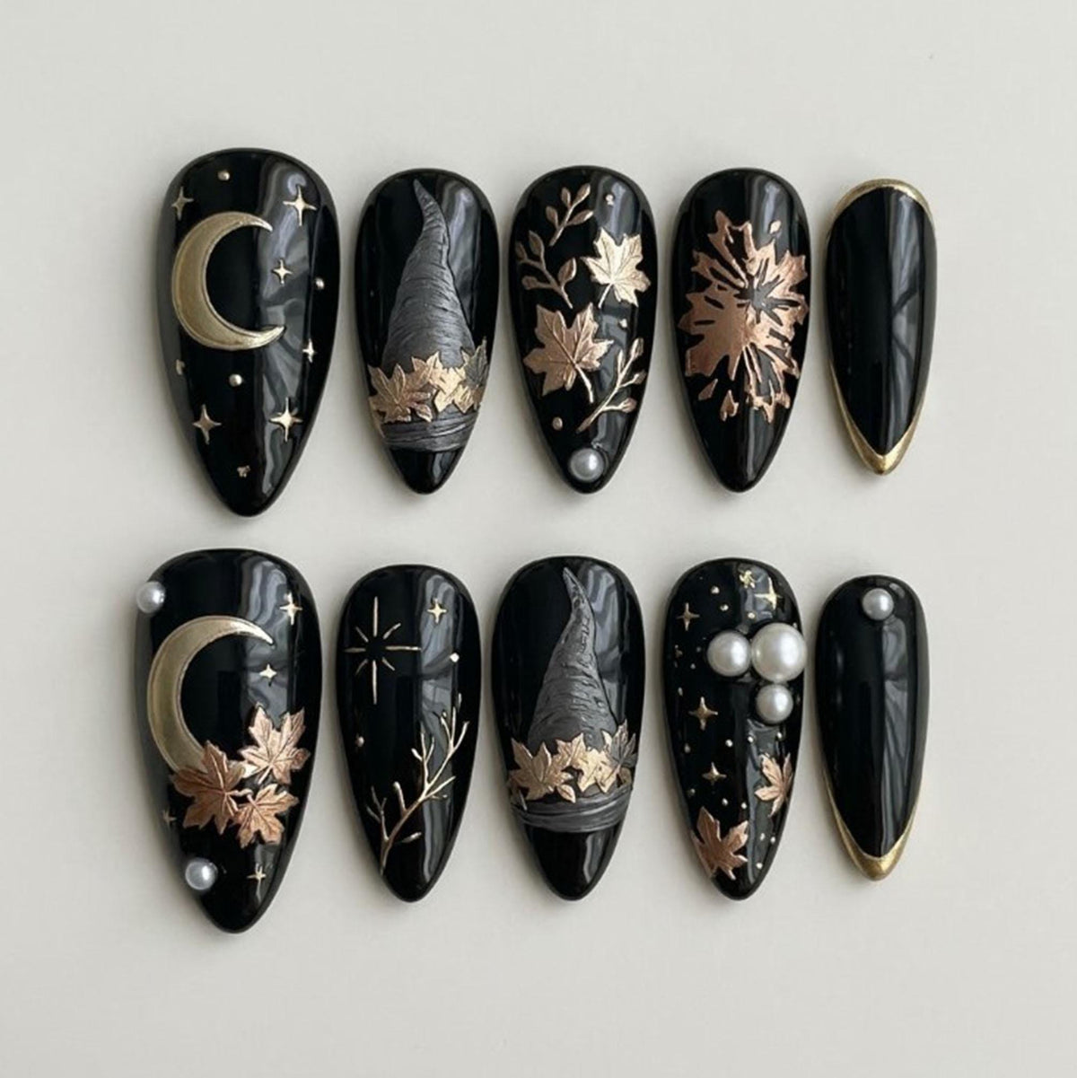 Gothic Black Nails With Witch Hats, Gold Moons, Autumn Leaves and Pearls