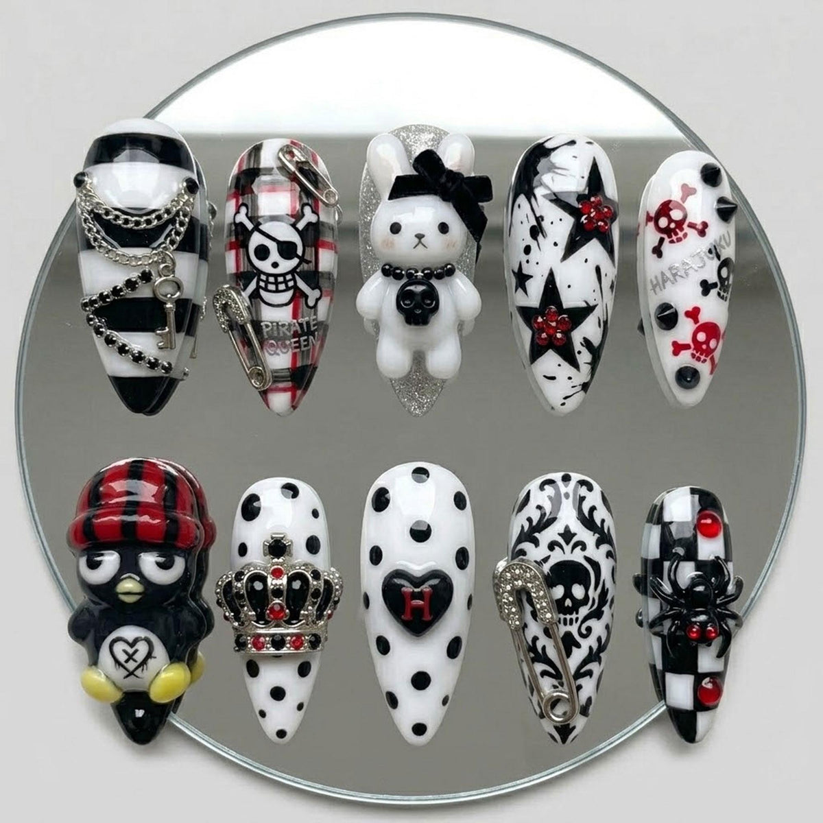 Gothic Black, White & Red Nail Set with Bunnies, Skulls, Plaid and 3D Details
