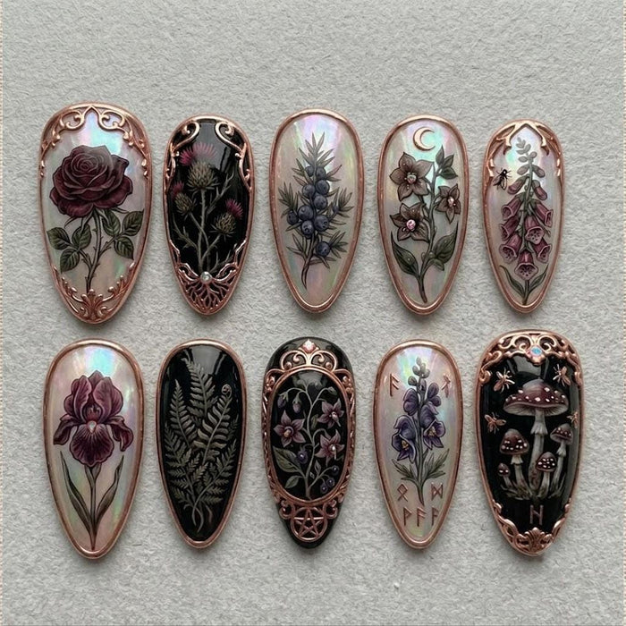 Gothic Botanical Mushroom Press-On Nail Set With Raised Bronze Frames