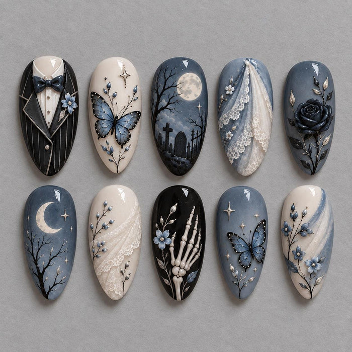 Gothic Bridal Press On Nails With Blue Butterflies, Lace, Moonlit Cemetery, and Black Rose