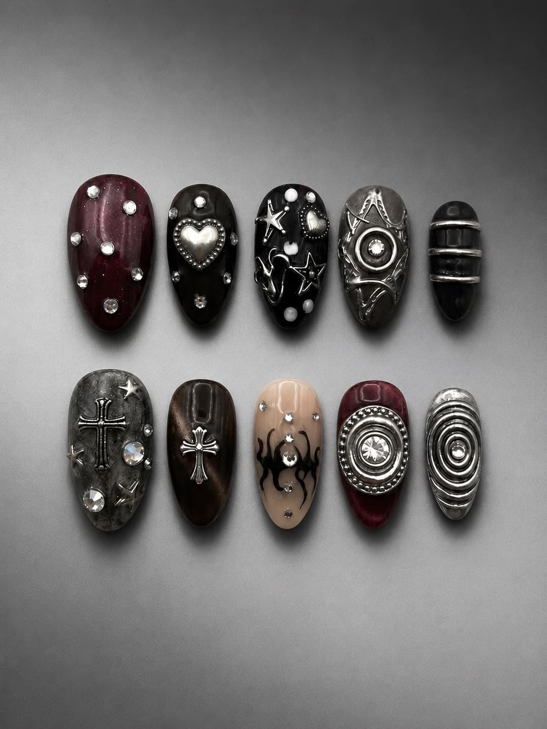 Gothic Burgundy and Black Nails with Raised Silver Crosses, Hearts, Stars and Rhinestones