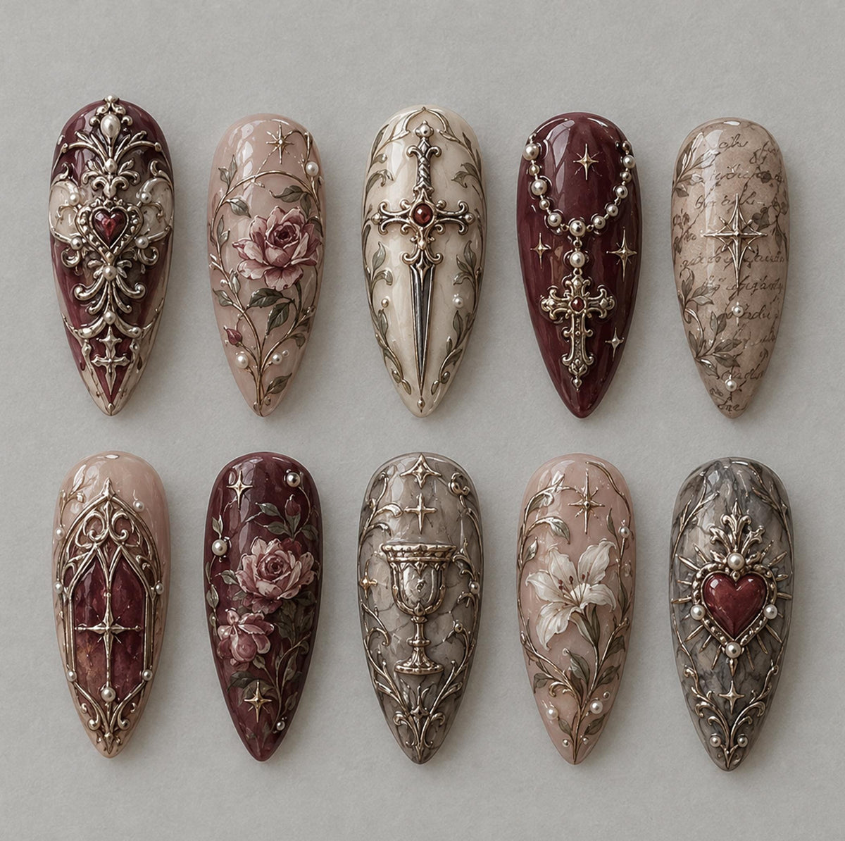 Gothic Burgundy Rose and Religious Filigree Nail Set
