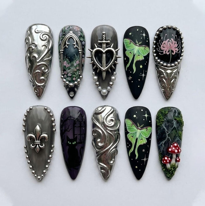 Gothic Butterfly and Mushroom Press On Nails with Raised Silver Scrollwork