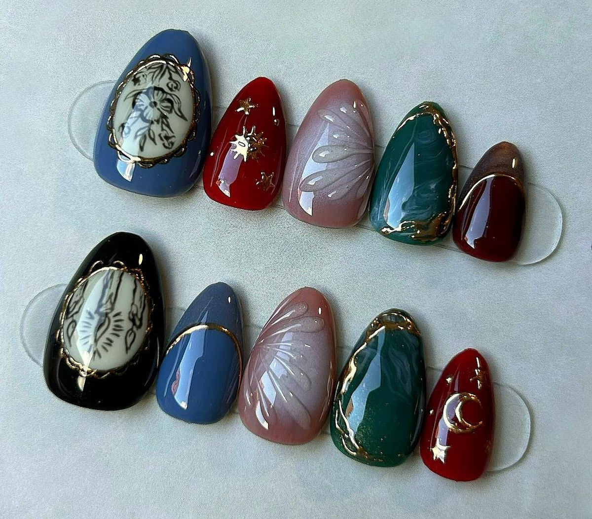 Gothic Cameo Press On Nails with Gold Details and Celestial Accents
